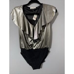 Vtg Women's Bodysuit M Metallic Liquid One Piece Rockabilly Glam Lace Ruffle 90s